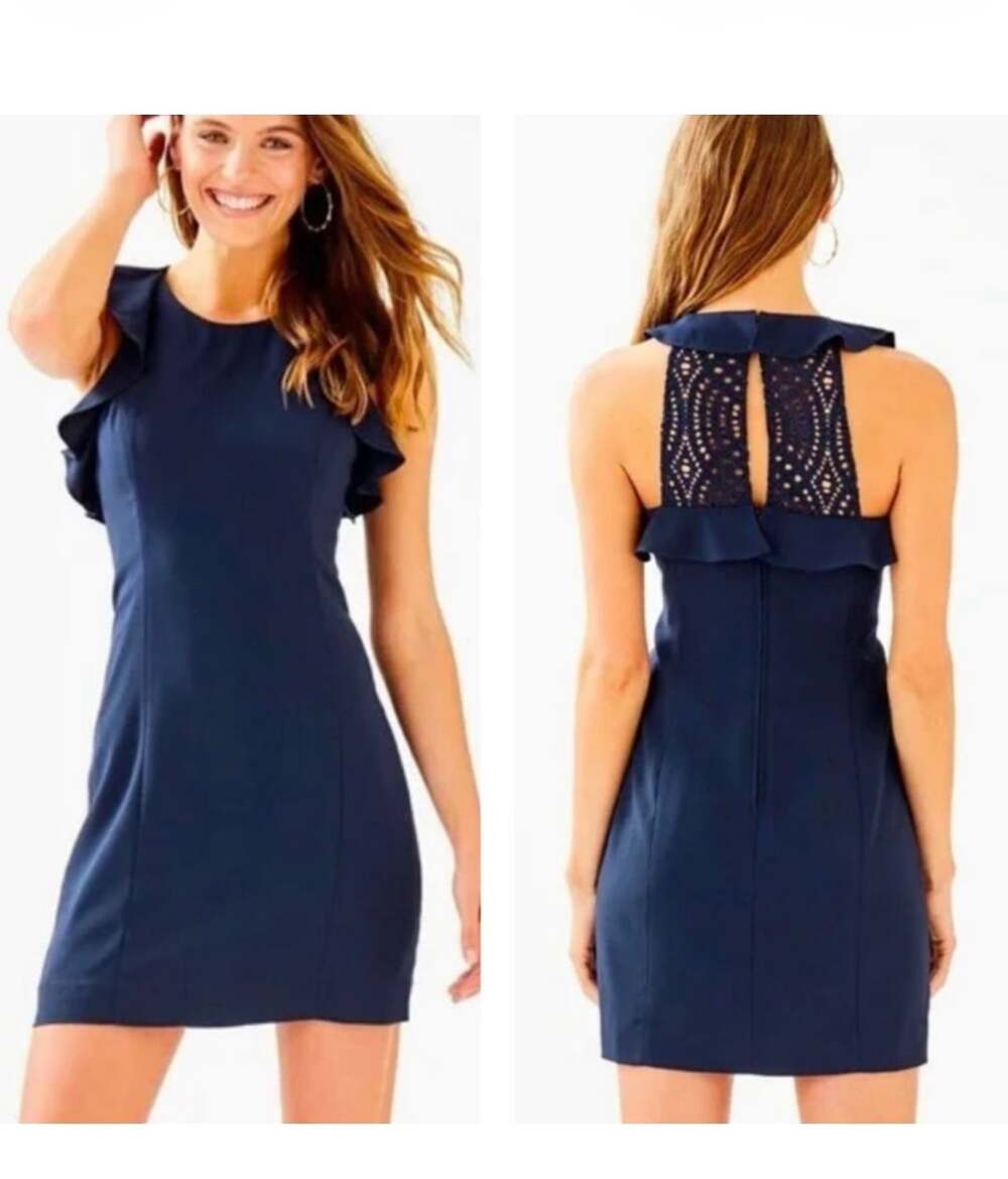 Lilly Pulitzer Britnee Stretch Shift Dress Size 00 True Navy Blue Ruffle